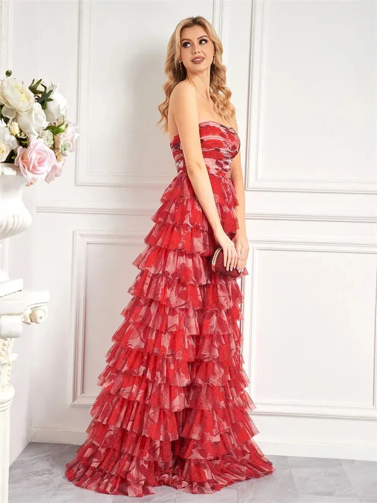 Prom Night Red Floral Tiered Chiffon Dress for Prom