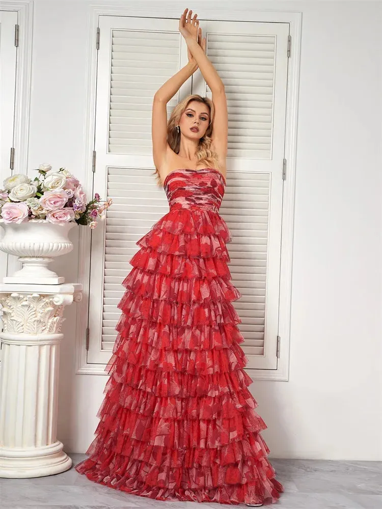 Prom Night Red Floral Tiered Chiffon Dress for Prom