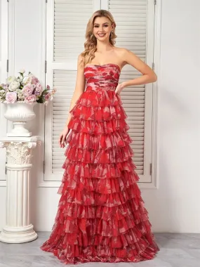 Prom Night Red Floral Tiered Chiffon Dress for Prom
