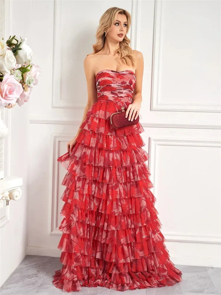 Prom Night Red Floral Tiered Chiffon Dress for Prom