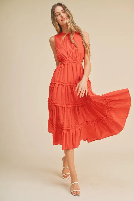 Red Orange Ruffle Tiered Cut-Out Midi Dress