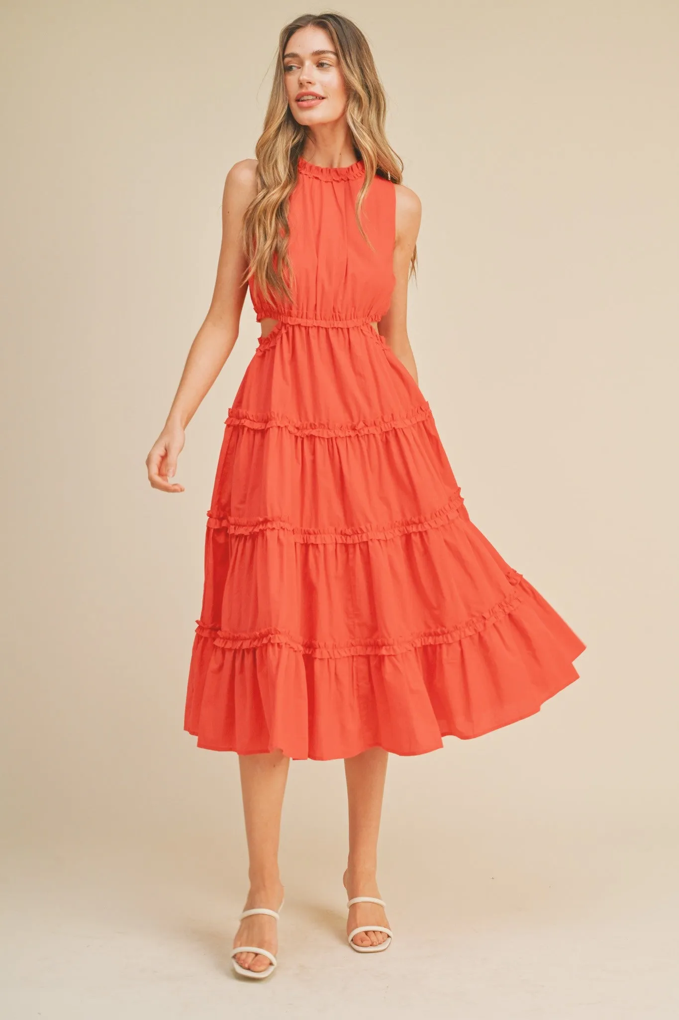 Red Orange Ruffle Tiered Cut-Out Midi Dress
