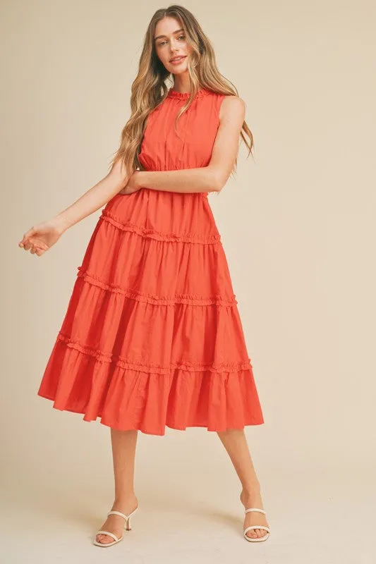Red Orange Ruffle Tiered Cut-Out Midi Dress