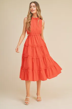 Red Orange Ruffle Tiered Cut-Out Midi Dress