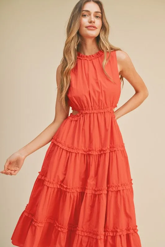 Red Orange Ruffle Tiered Cut-Out Midi Dress