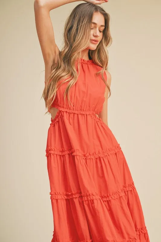 Red Orange Ruffle Tiered Cut-Out Midi Dress