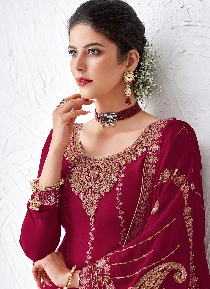 Royal Pink Embroidered Palazzo Suit
