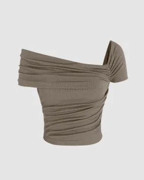 Ruched Off-Shoulder Short Sleeve Crop Top In Grey