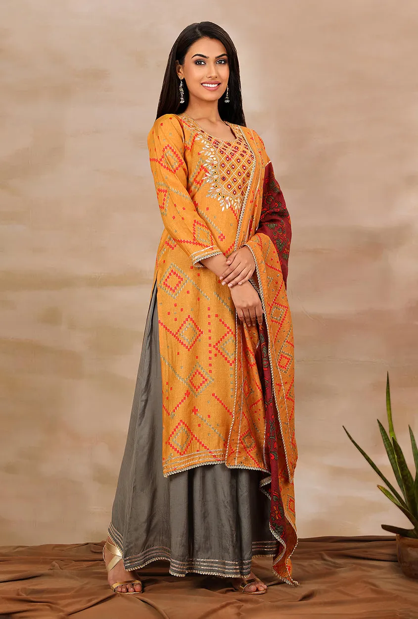 SANJH- Mustard And Wine Pleated Palazzo Pant, Kurta, Dupatta Set