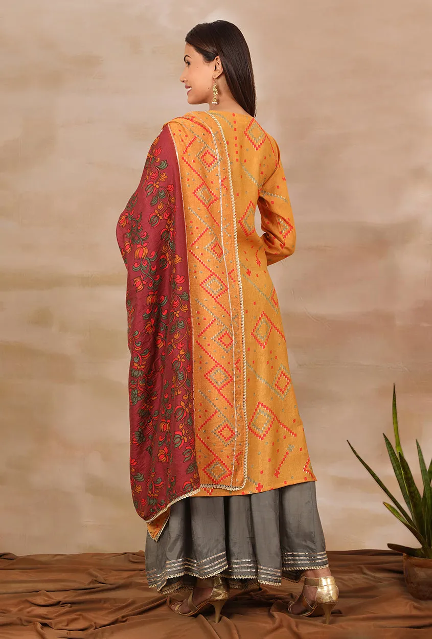 SANJH- Mustard And Wine Pleated Palazzo Pant, Kurta, Dupatta Set