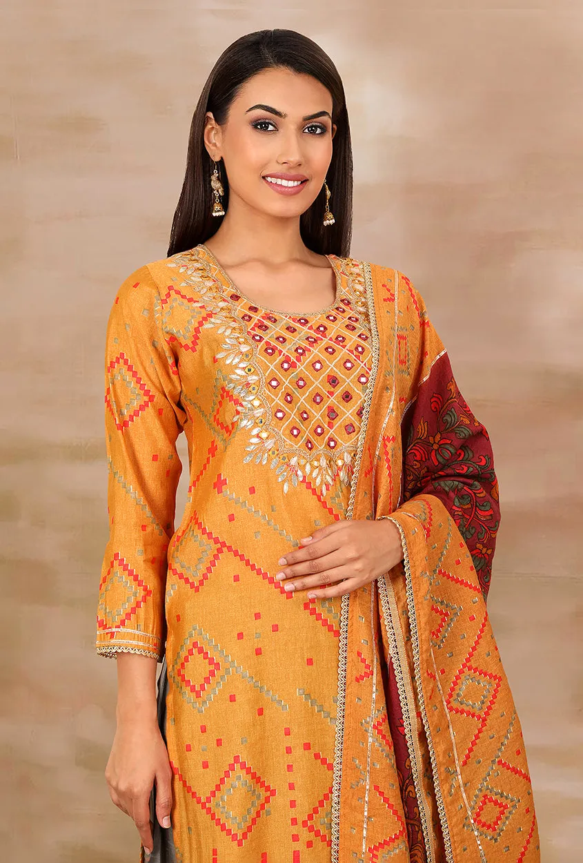 SANJH- Mustard And Wine Pleated Palazzo Pant, Kurta, Dupatta Set