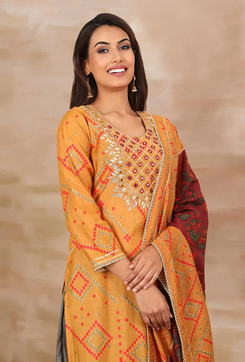 SANJH- Mustard And Wine Pleated Palazzo Pant, Kurta, Dupatta Set