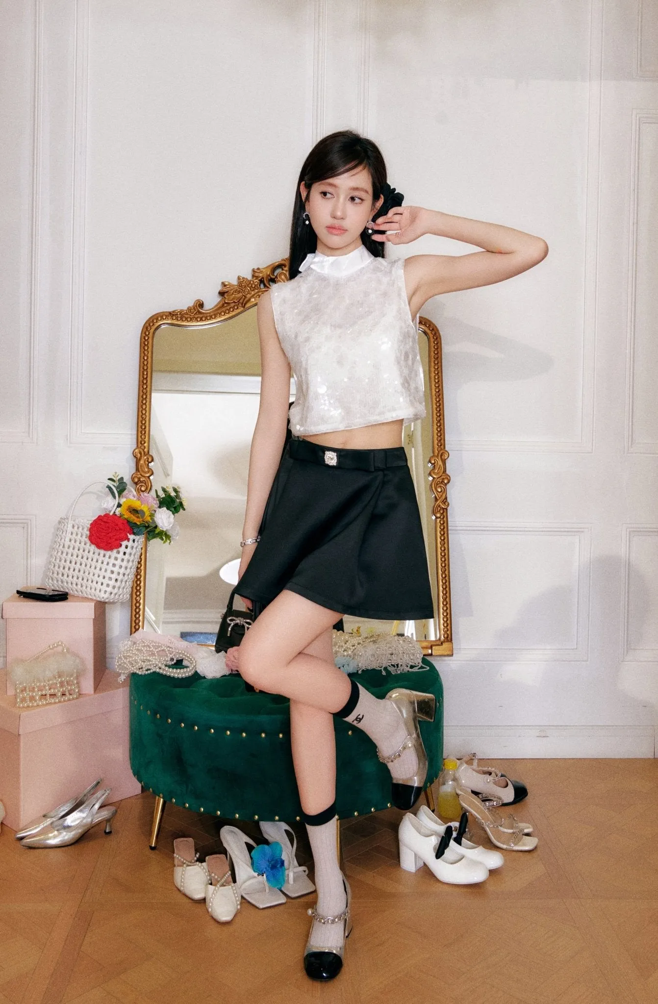 Satin Bow Black A-Line Half-Body Skirt
