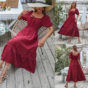 Shirred Waist Knot Front Ruffle Hem Dress