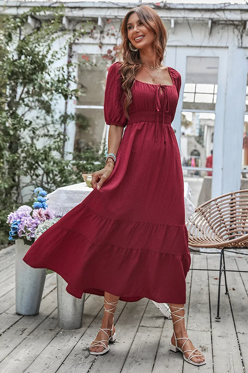 Shirred Waist Knot Front Ruffle Hem Dress