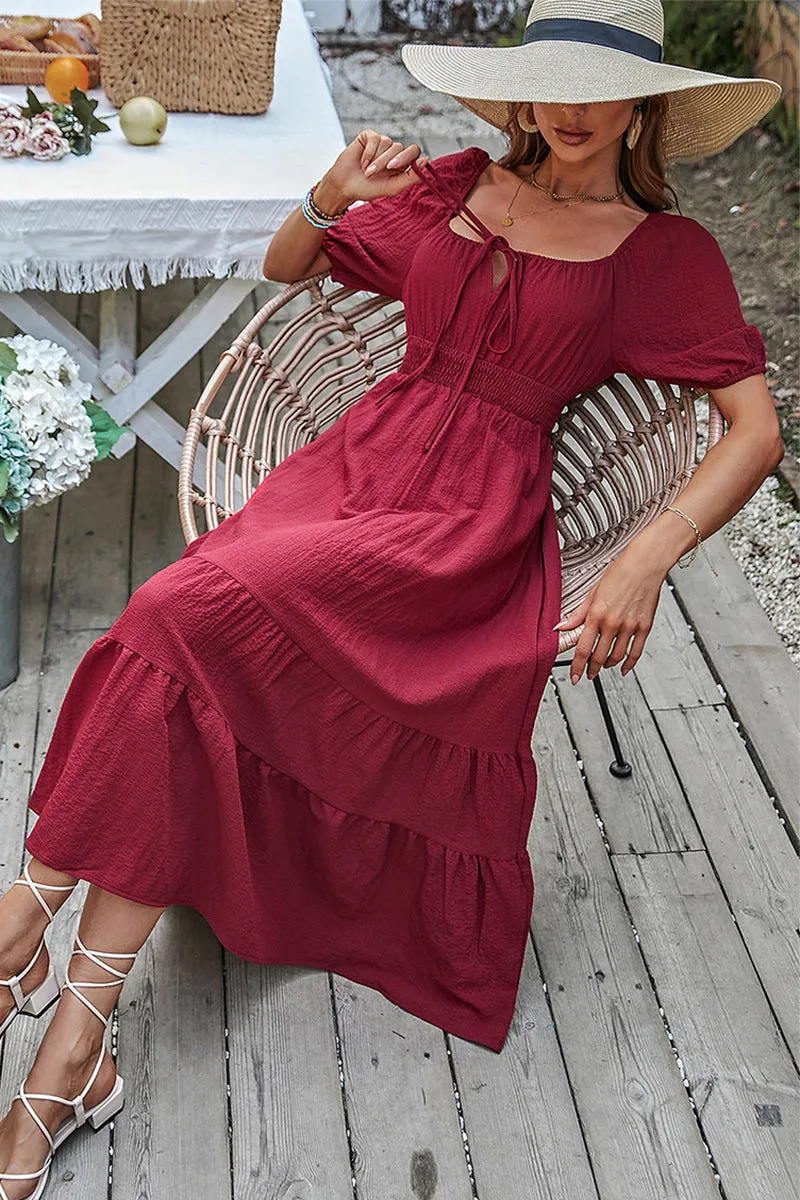 Shirred Waist Knot Front Ruffle Hem Dress