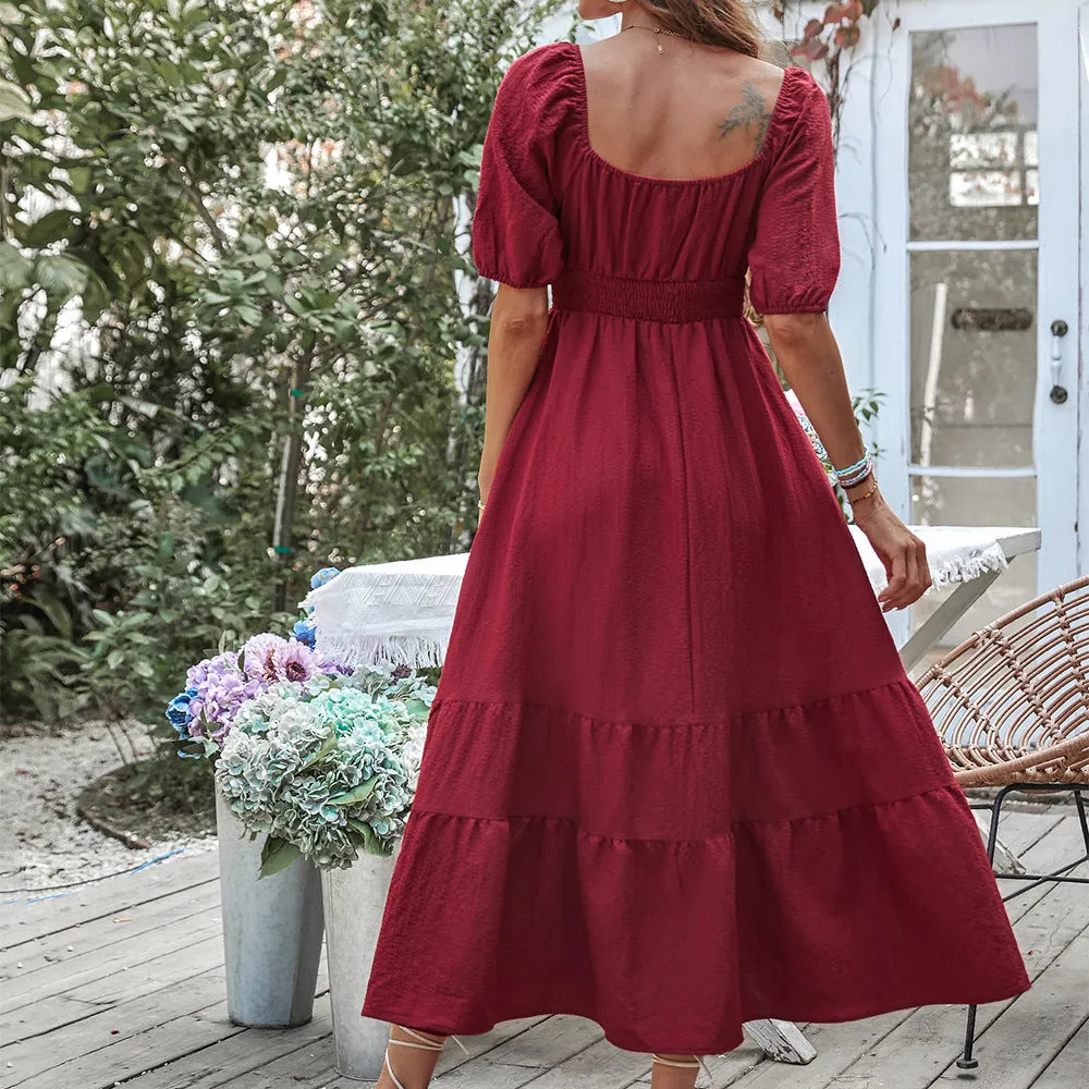 Shirred Waist Knot Front Ruffle Hem Dress