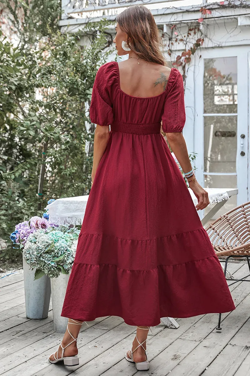 Shirred Waist Knot Front Ruffle Hem Dress