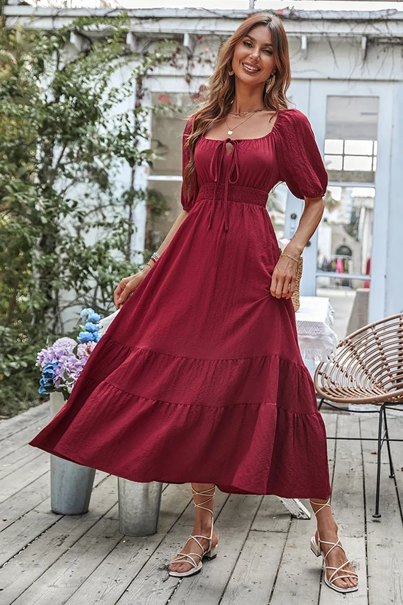 Shirred Waist Knot Front Ruffle Hem Dress