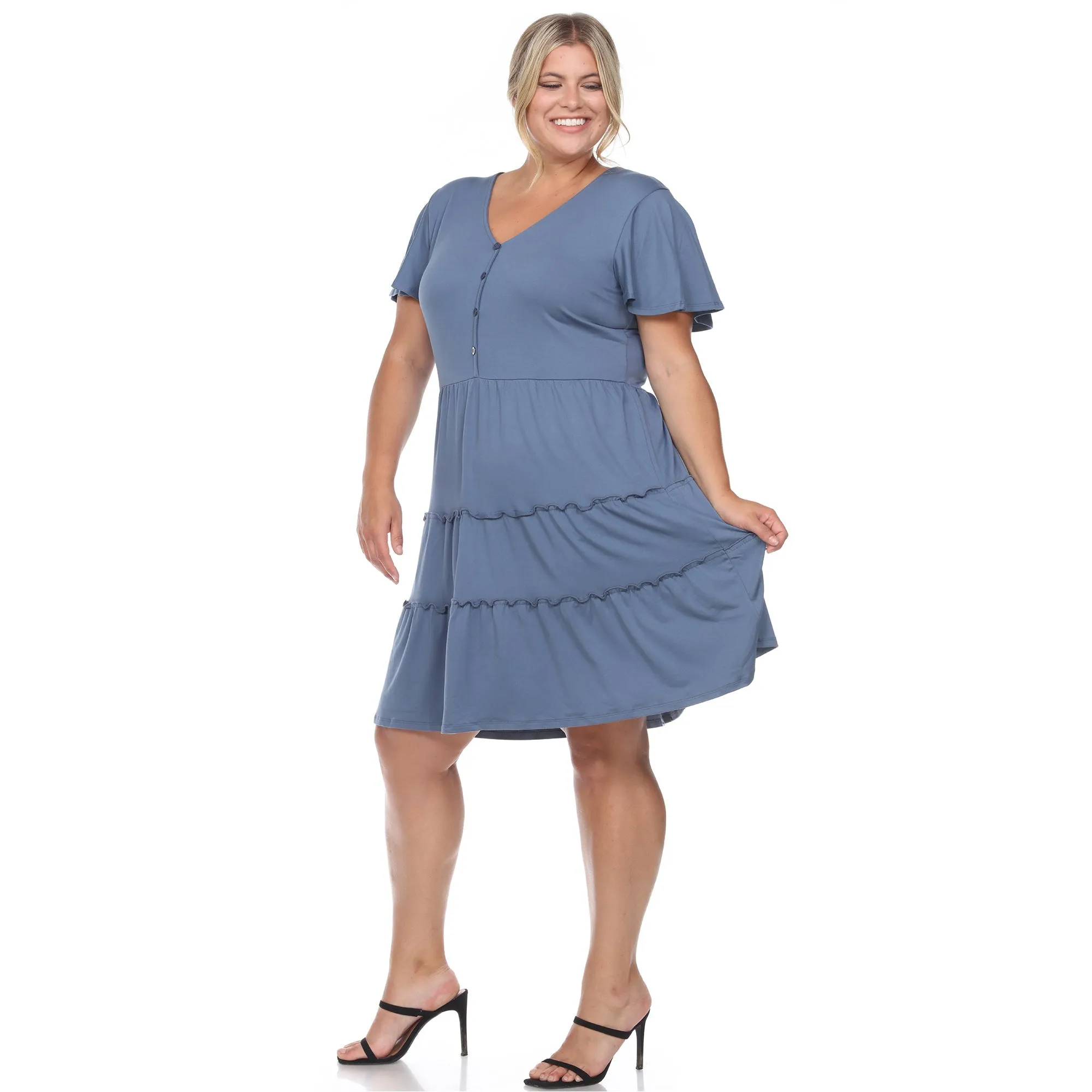 Short Sleeve V-neck Tiered Midi Dress - Plus