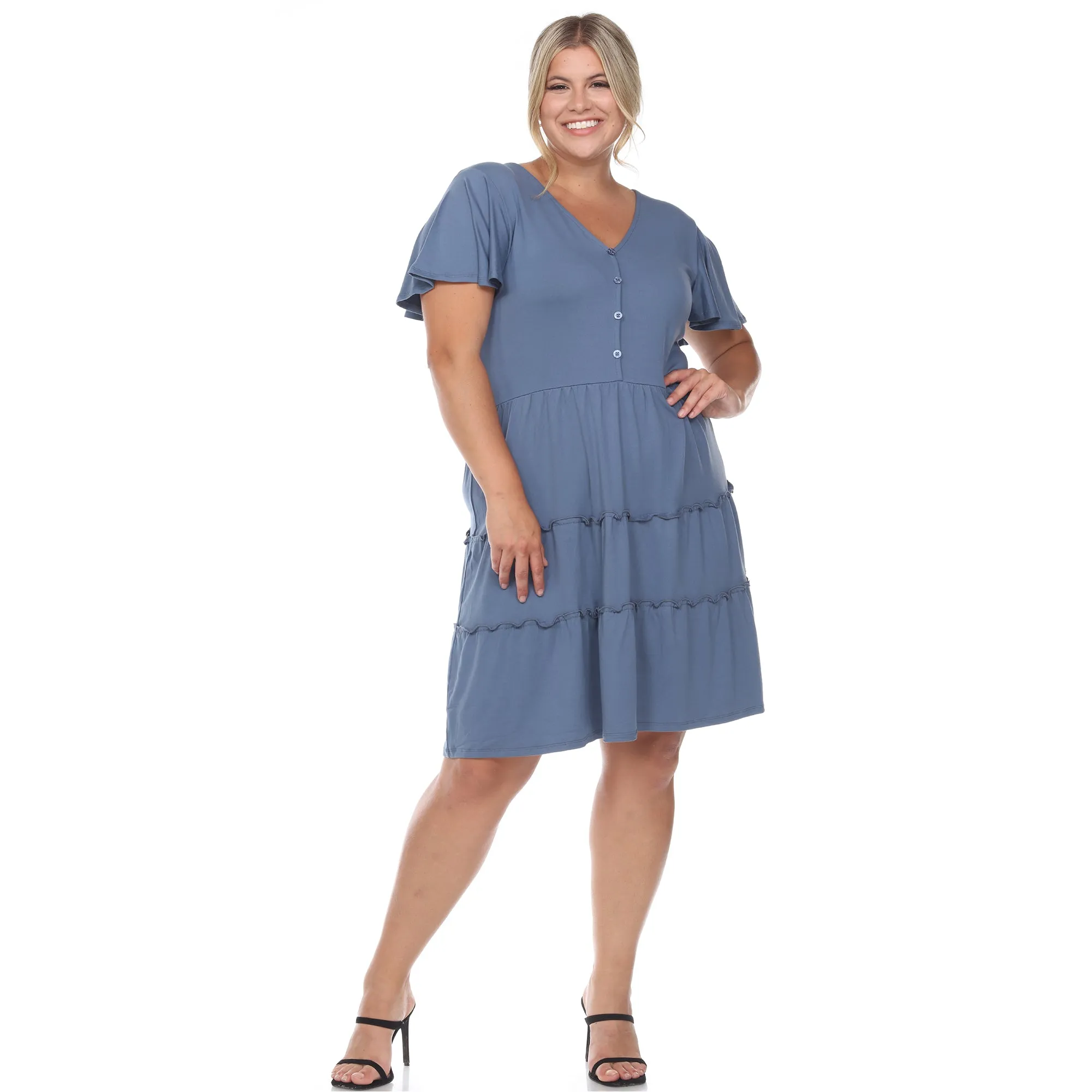 Short Sleeve V-neck Tiered Midi Dress - Plus
