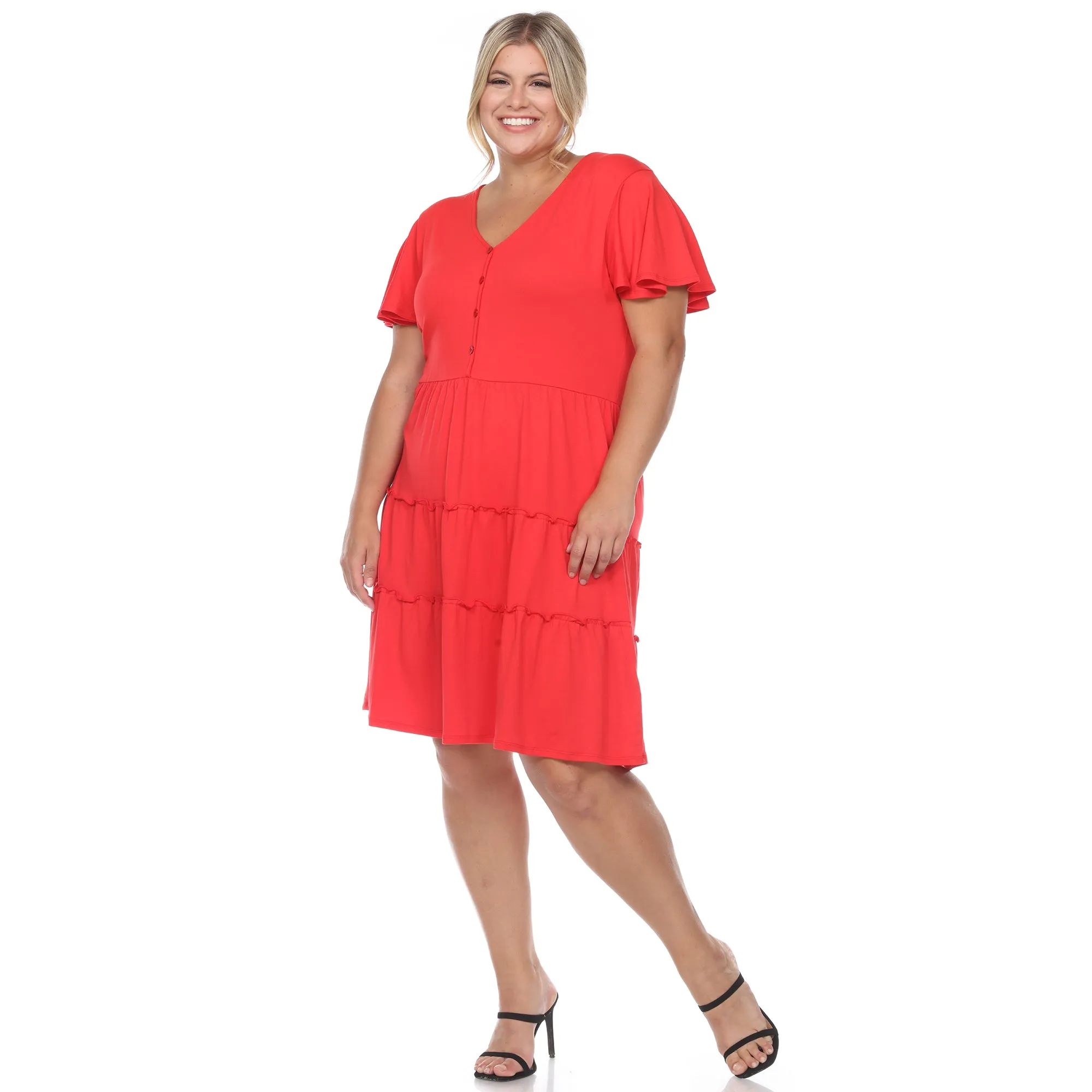 Short Sleeve V-neck Tiered Midi Dress - Plus
