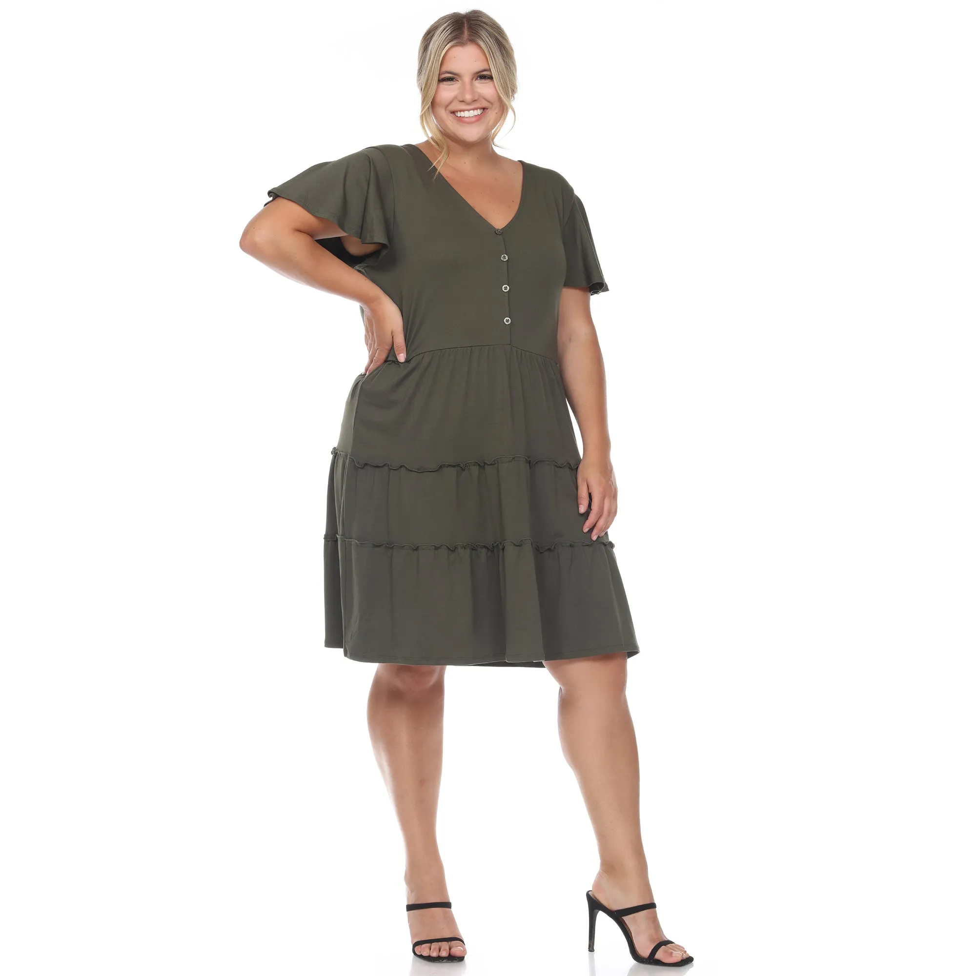 Short Sleeve V-neck Tiered Midi Dress - Plus