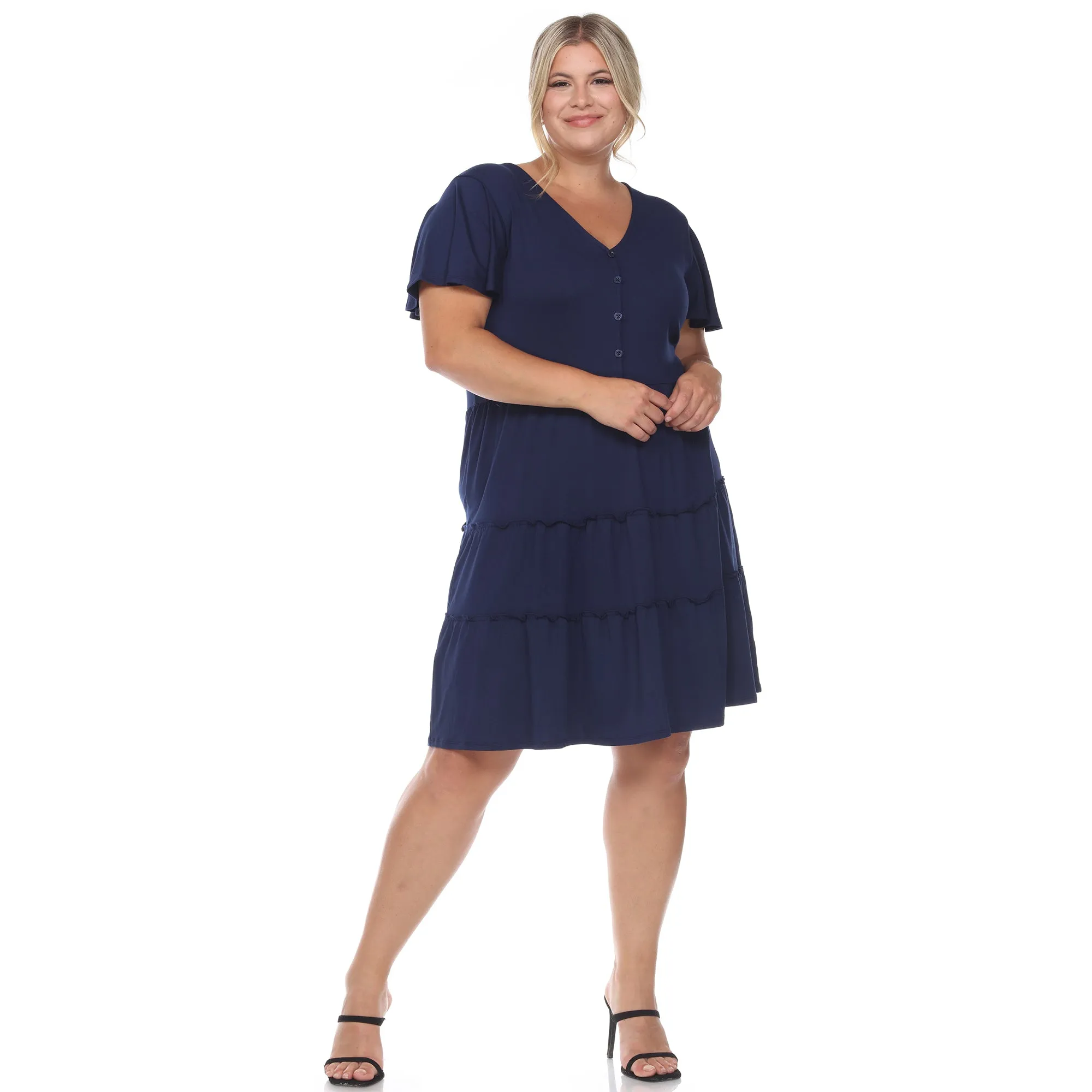 Short Sleeve V-neck Tiered Midi Dress - Plus
