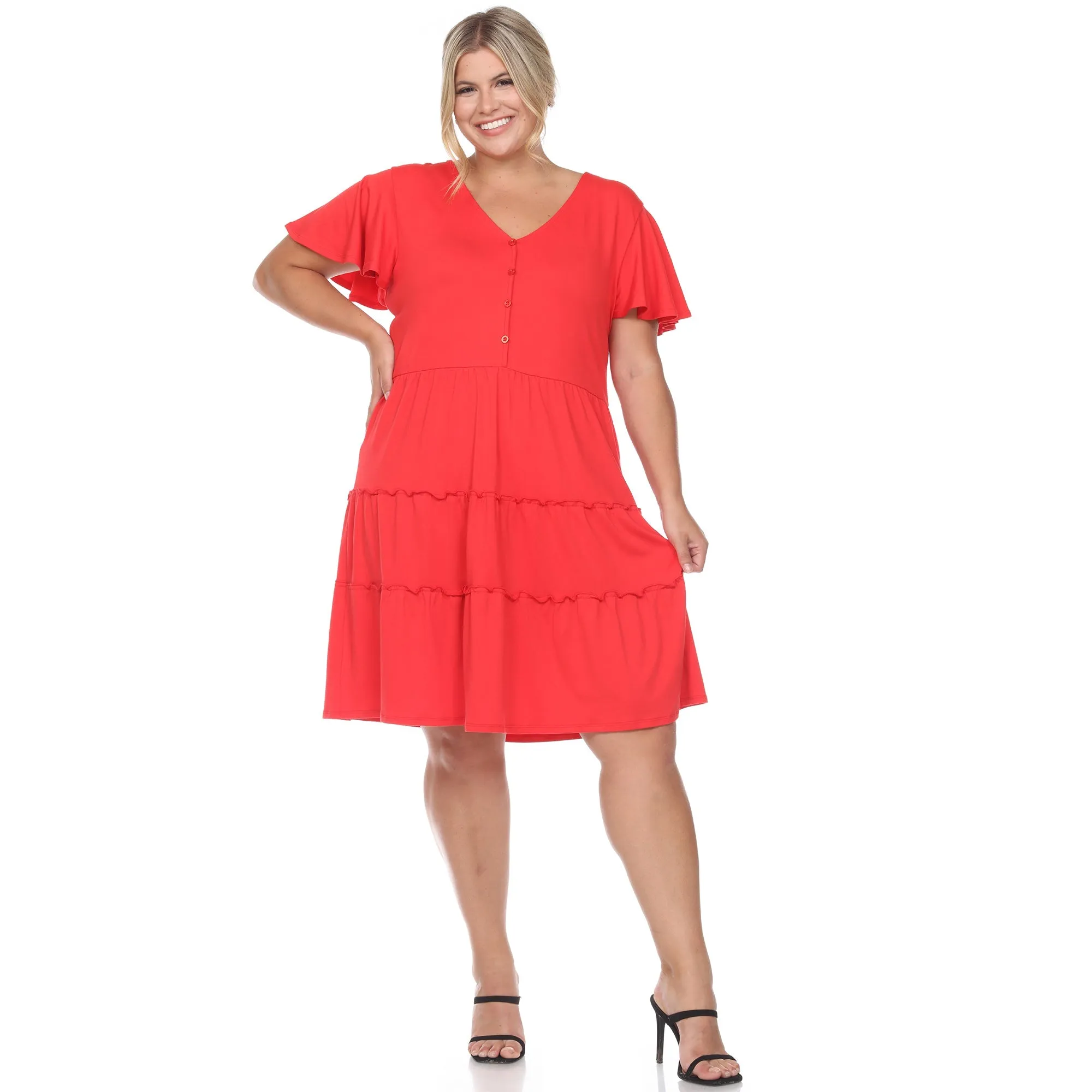 Short Sleeve V-neck Tiered Midi Dress - Plus