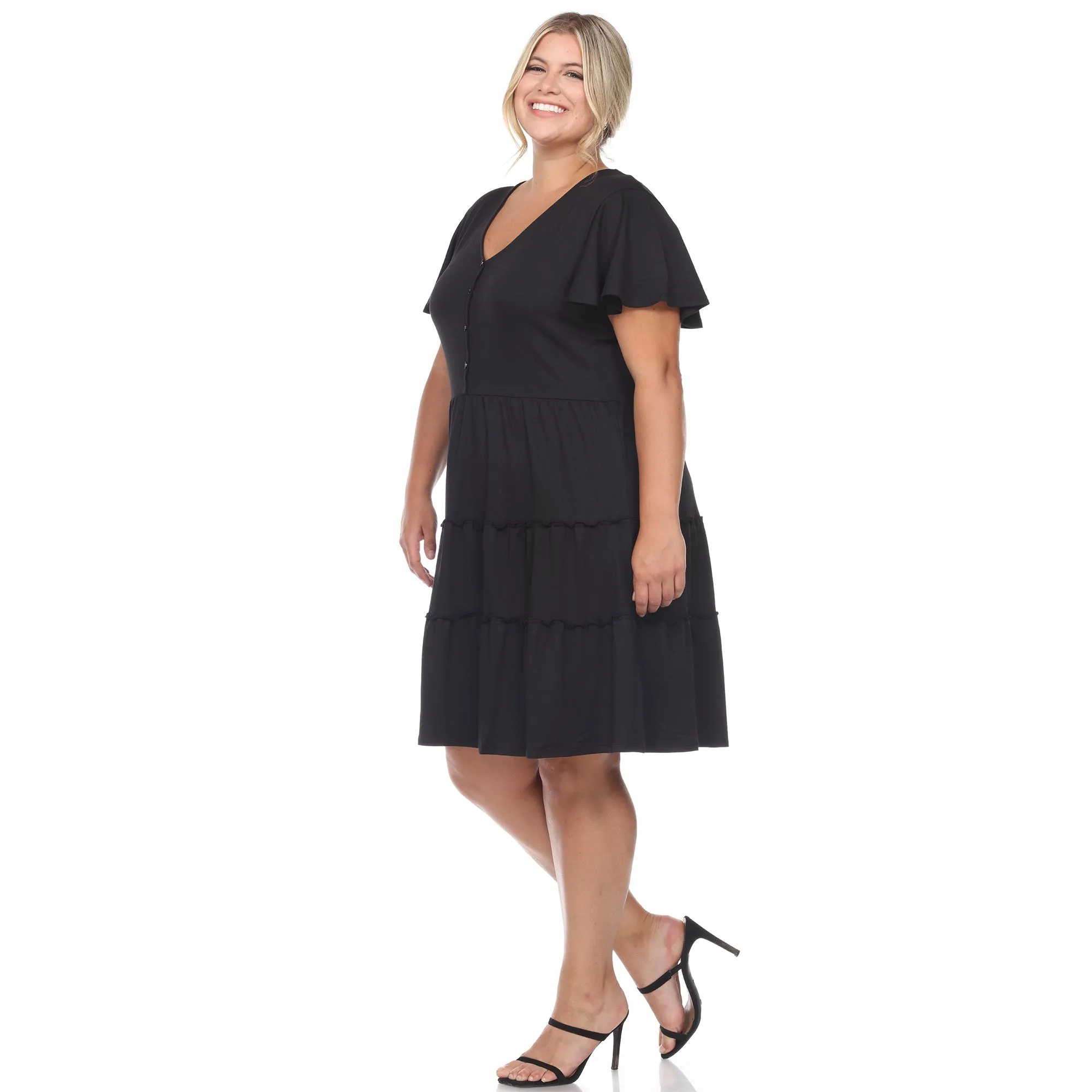 Short Sleeve V-neck Tiered Midi Dress - Plus
