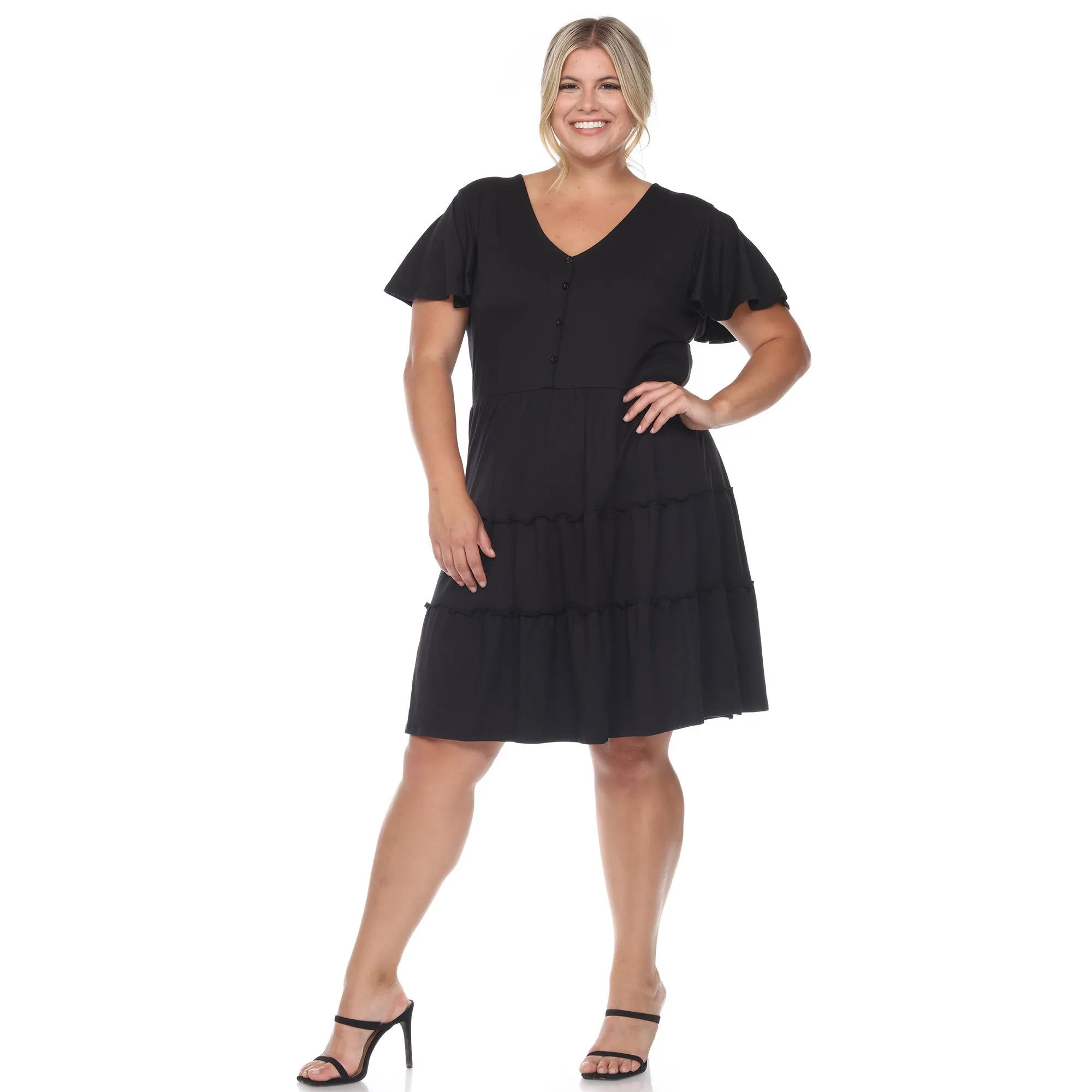 Short Sleeve V-neck Tiered Midi Dress - Plus