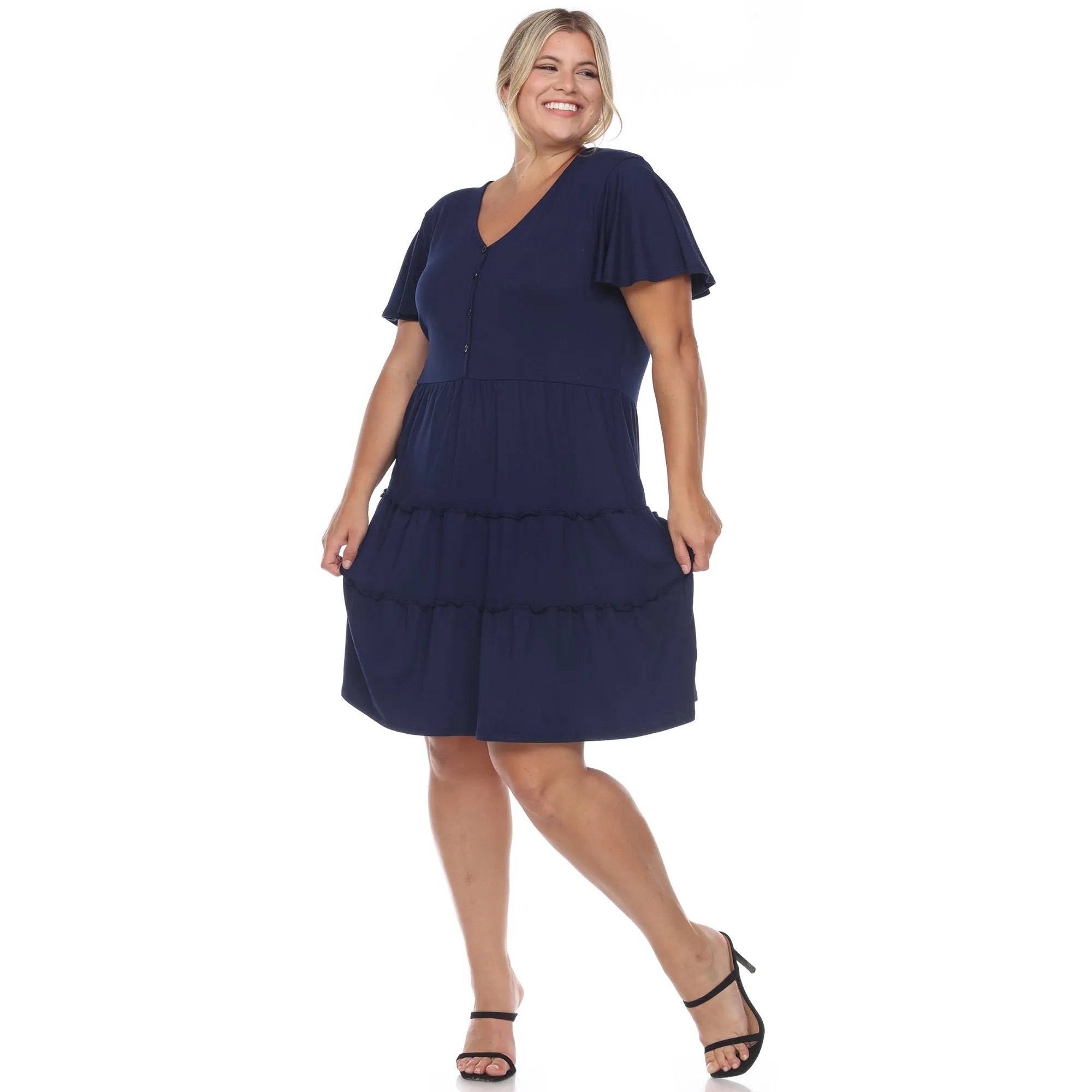 Short Sleeve V-neck Tiered Midi Dress - Plus