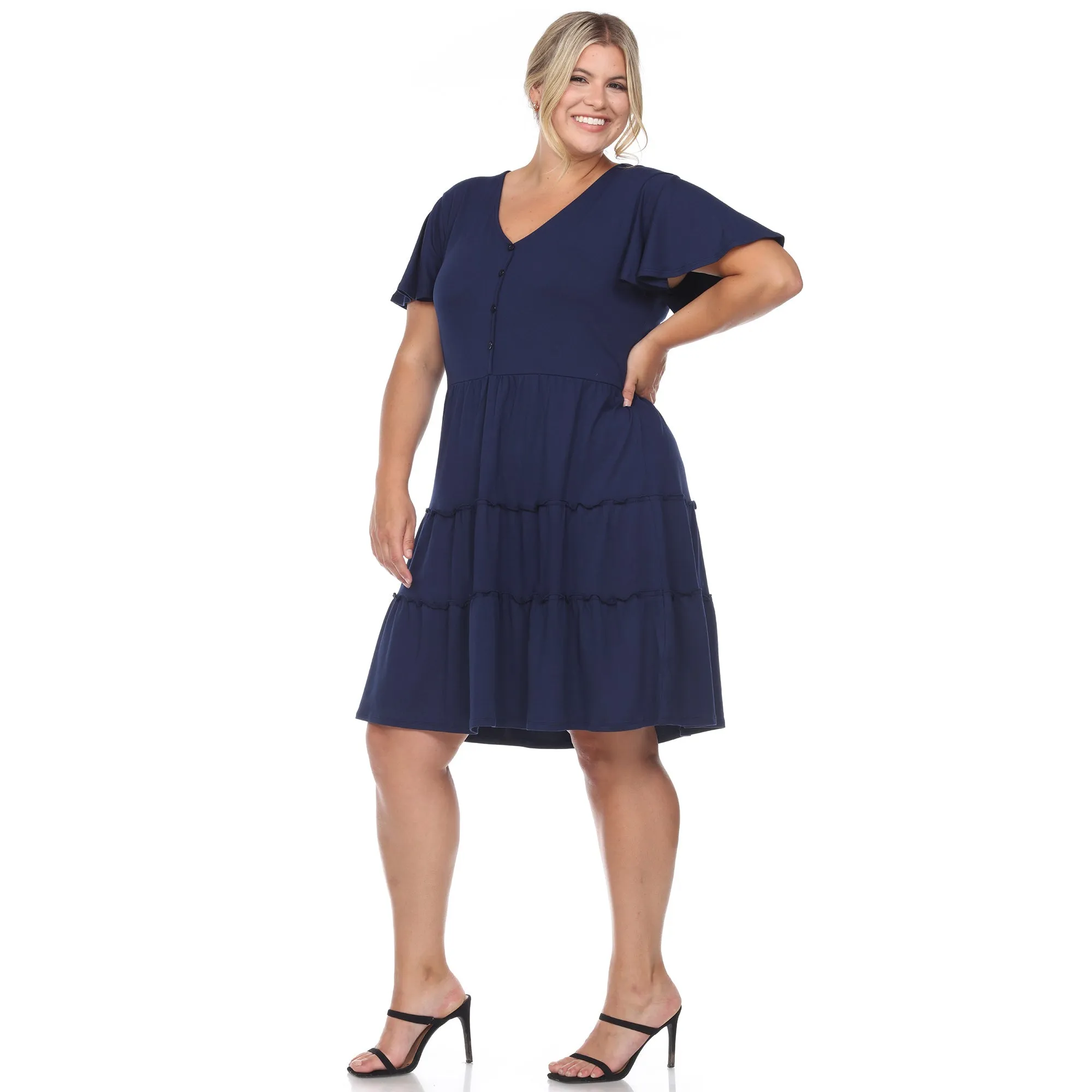 Short Sleeve V-neck Tiered Midi Dress - Plus