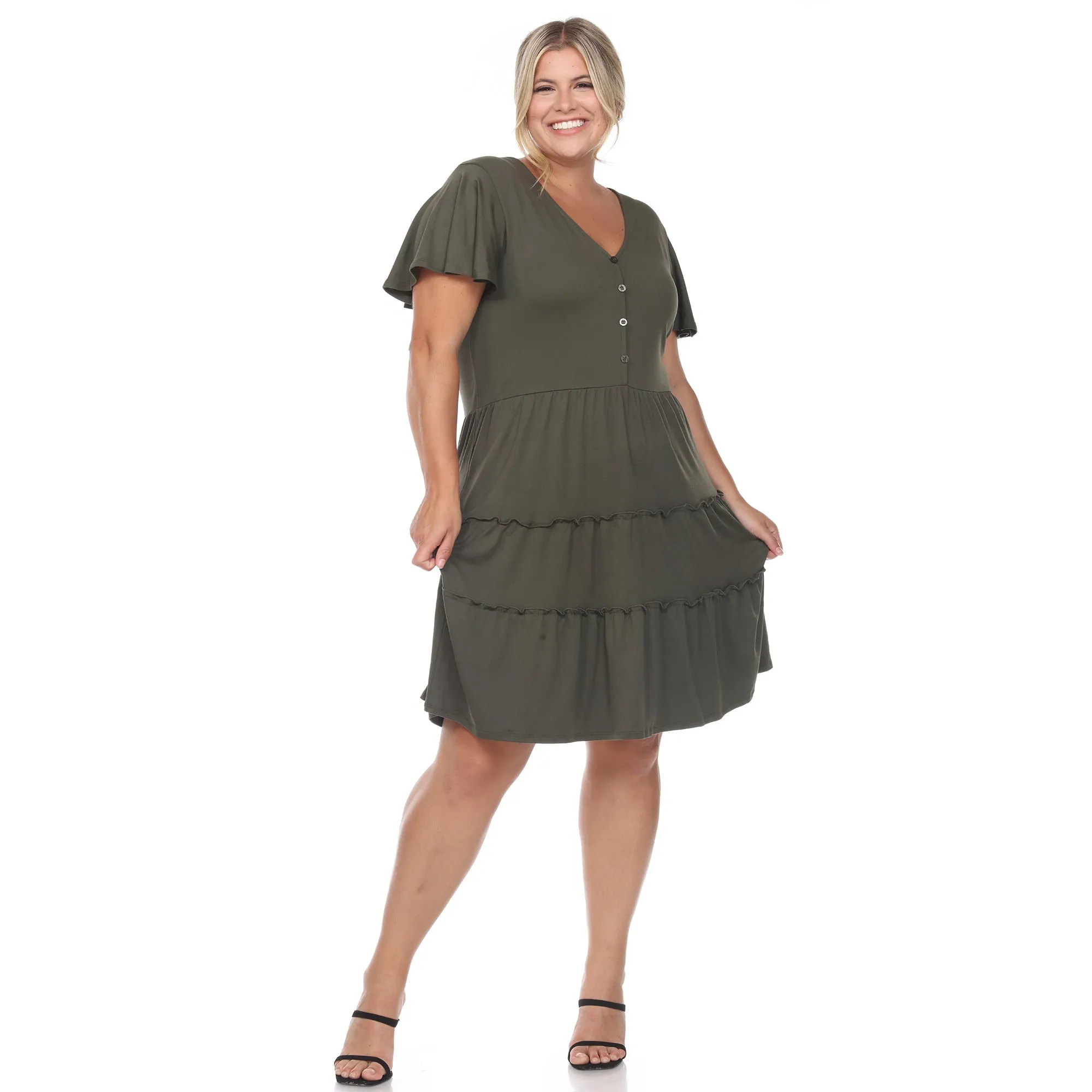 Short Sleeve V-neck Tiered Midi Dress - Plus