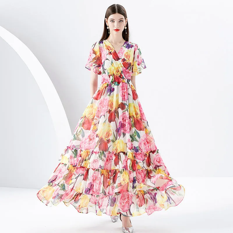 Silver Printing Long Tiered-ruffle Dress