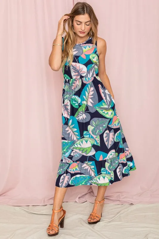 Sleeveless Print Ruffled Hem Tea-Length Dress