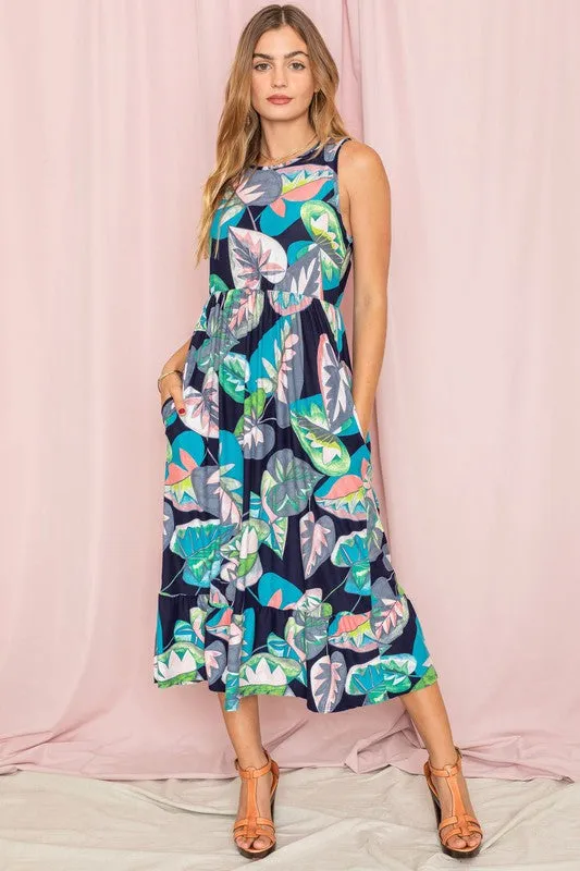 Sleeveless Print Ruffled Hem Tea-Length Dress