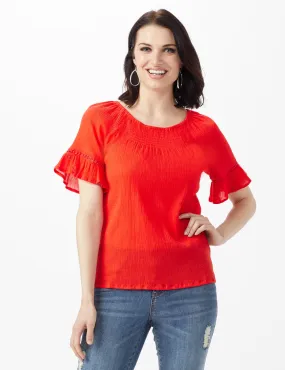 Smocked Crinkle Peasant Top - Petite