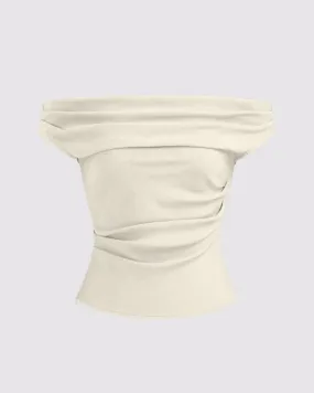 Solid Color Off-Shoulder Ruched Off White Top