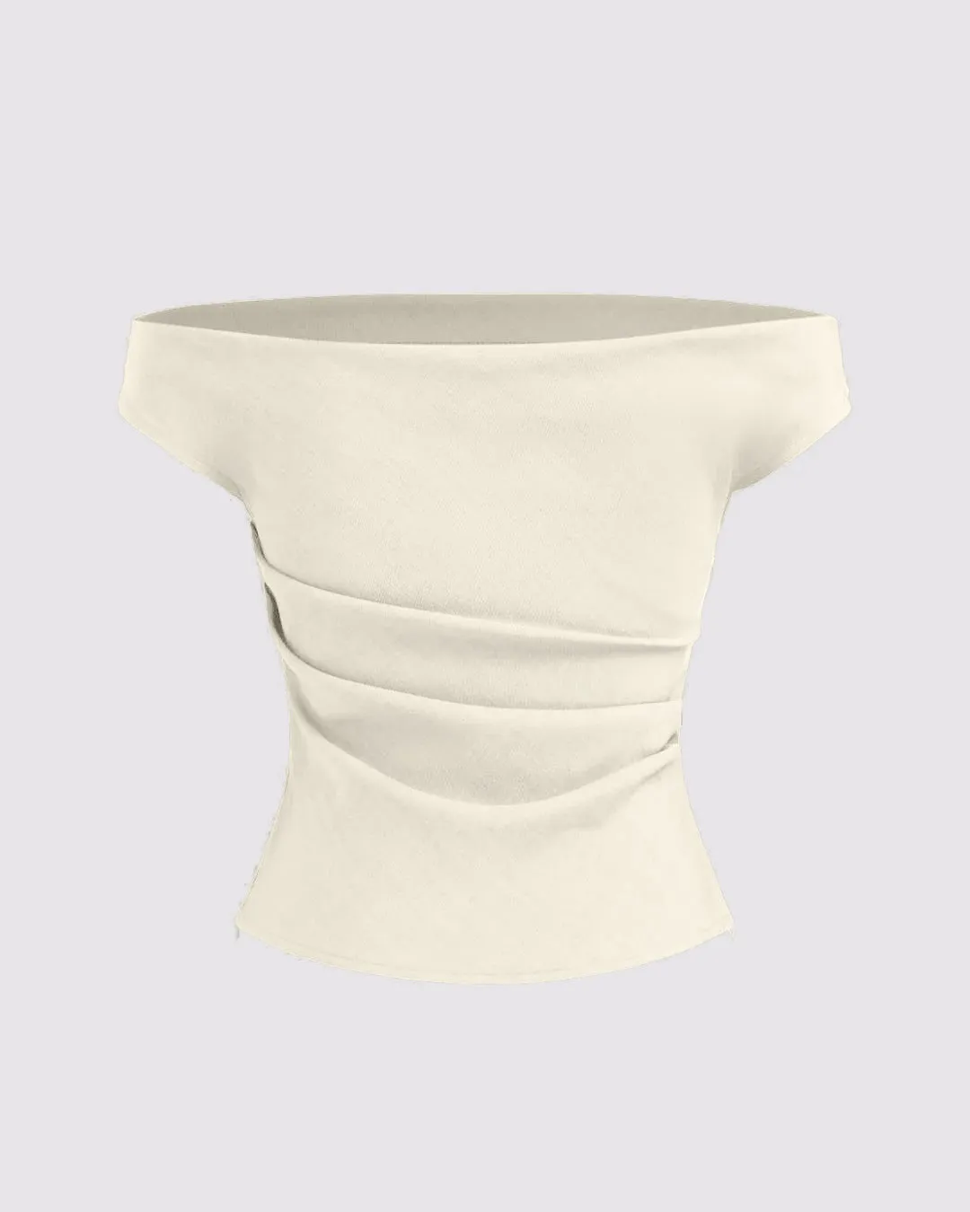 Solid Color Off-Shoulder Ruched Off White Top