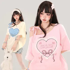 Sweet Girl Style Heart Lace Embroidery Off-Shoulder T-shirt