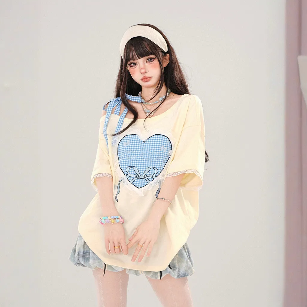 Sweet Girl Style Heart Lace Embroidery Off-Shoulder T-shirt