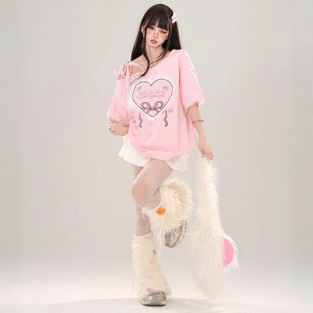 Sweet Girl Style Heart Lace Embroidery Off-Shoulder T-shirt
