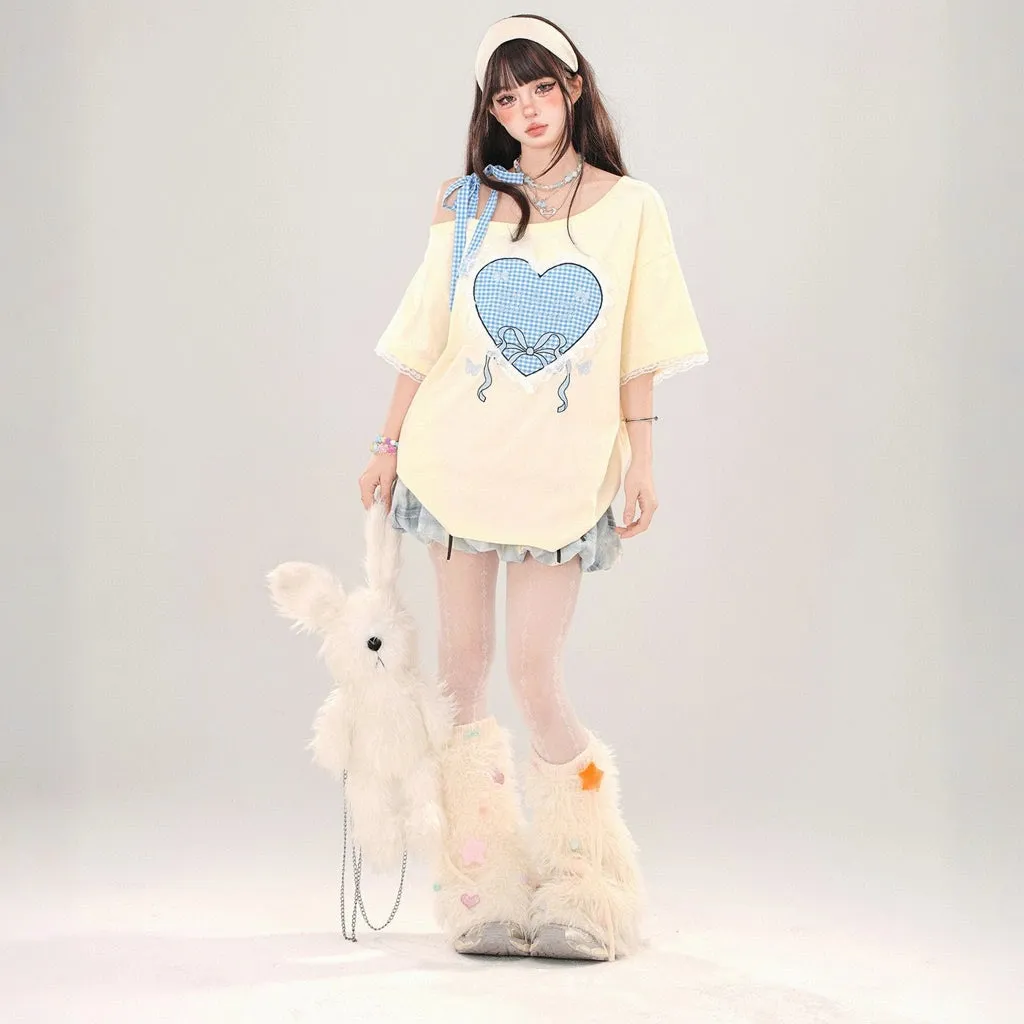 Sweet Girl Style Heart Lace Embroidery Off-Shoulder T-shirt