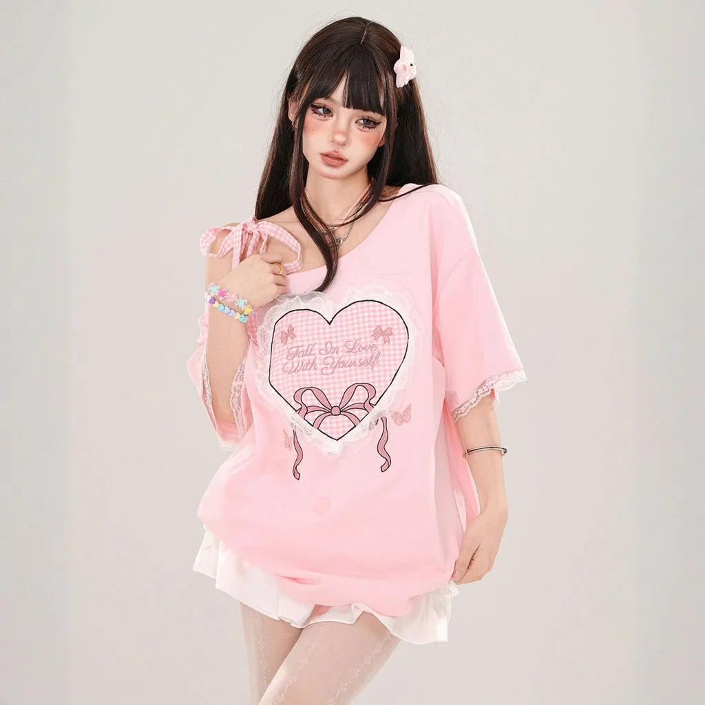Sweet Girl Style Heart Lace Embroidery Off-Shoulder T-shirt