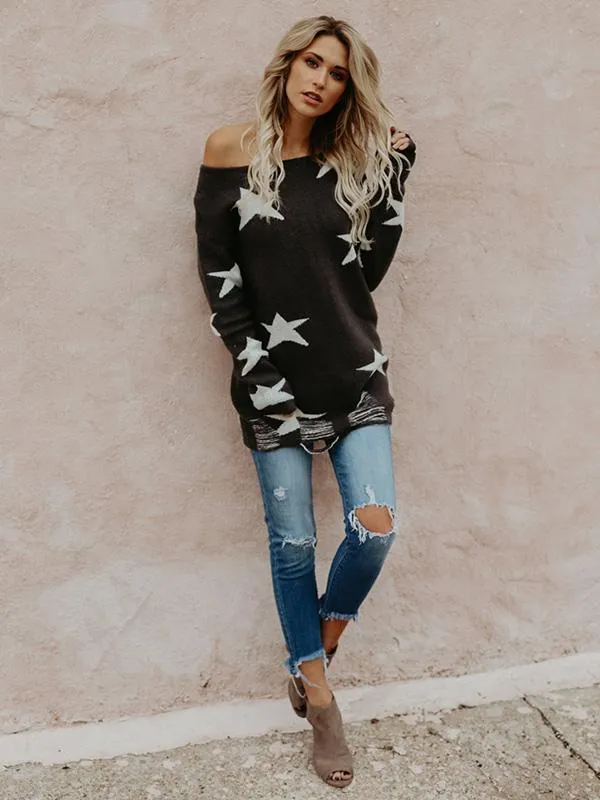 TastyHottie - Romantic Printed Off-the-shoulder Sweater Tops
