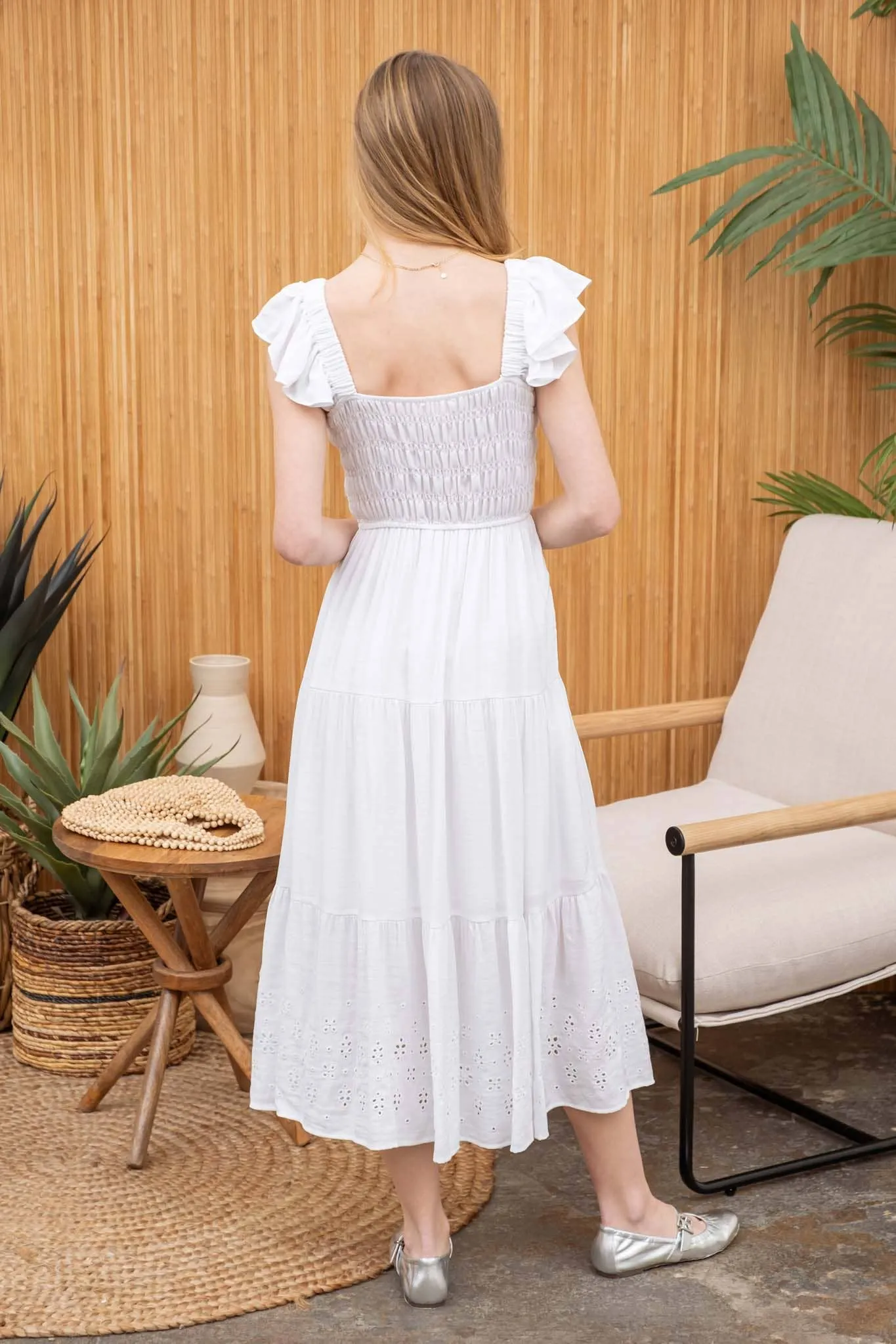 TIERED EYELET HEM MIDI DRESS