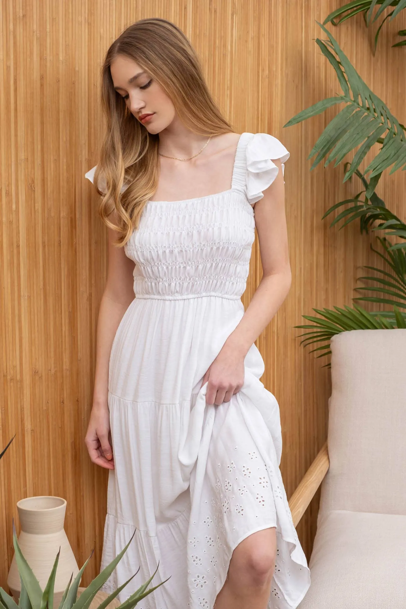 TIERED EYELET HEM MIDI DRESS
