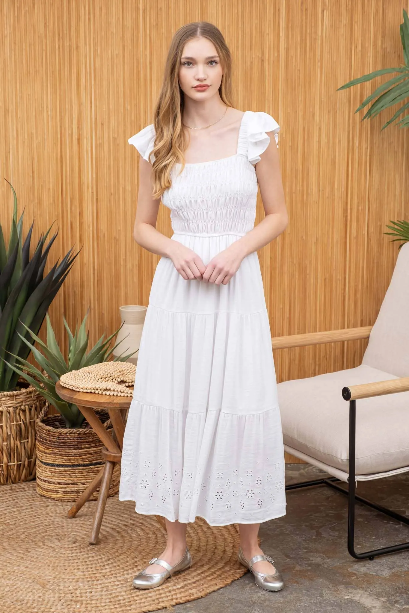 TIERED EYELET HEM MIDI DRESS