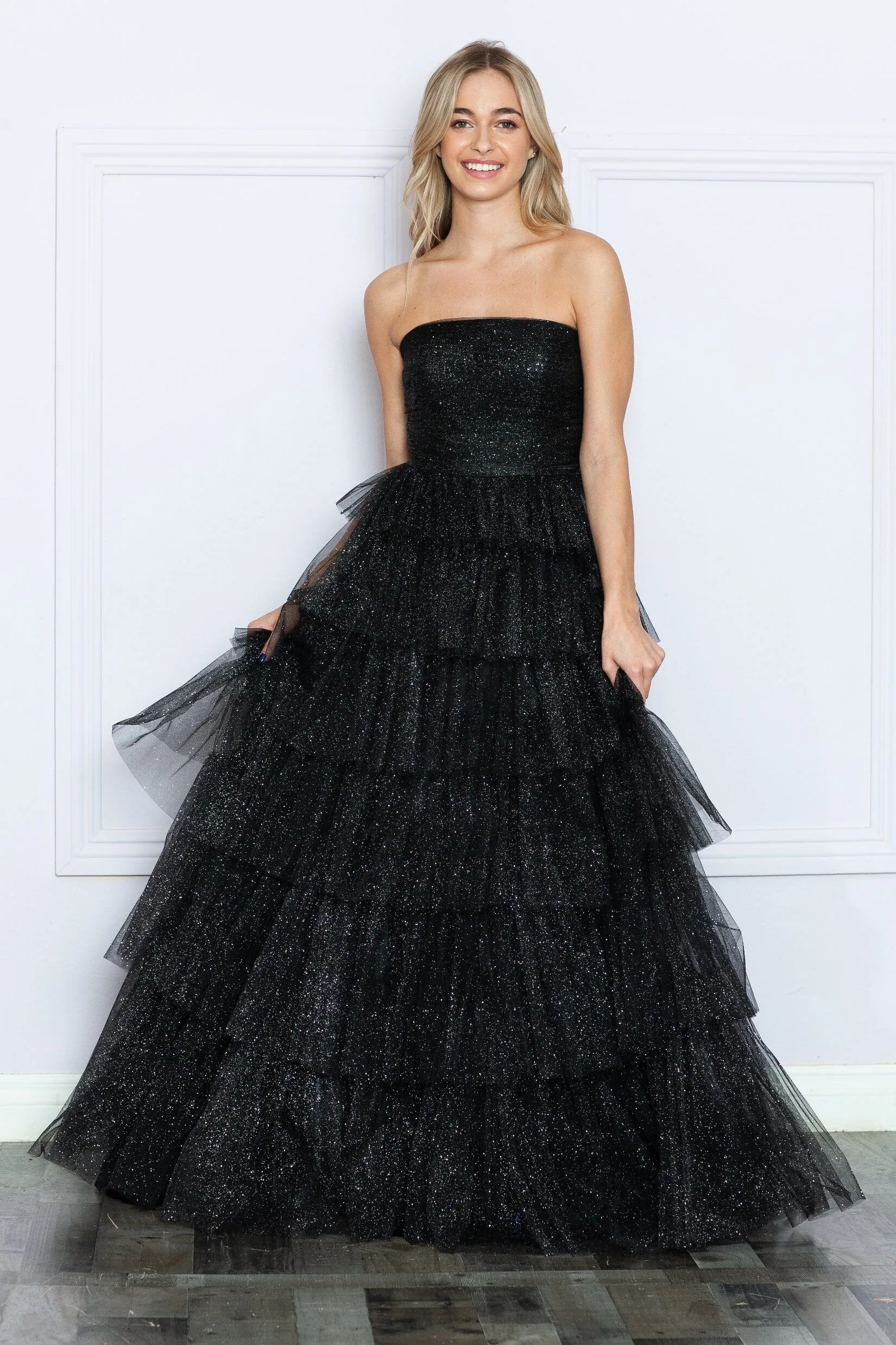 Tiered Strapless Glitter A-line Gown by Poly USA 9386